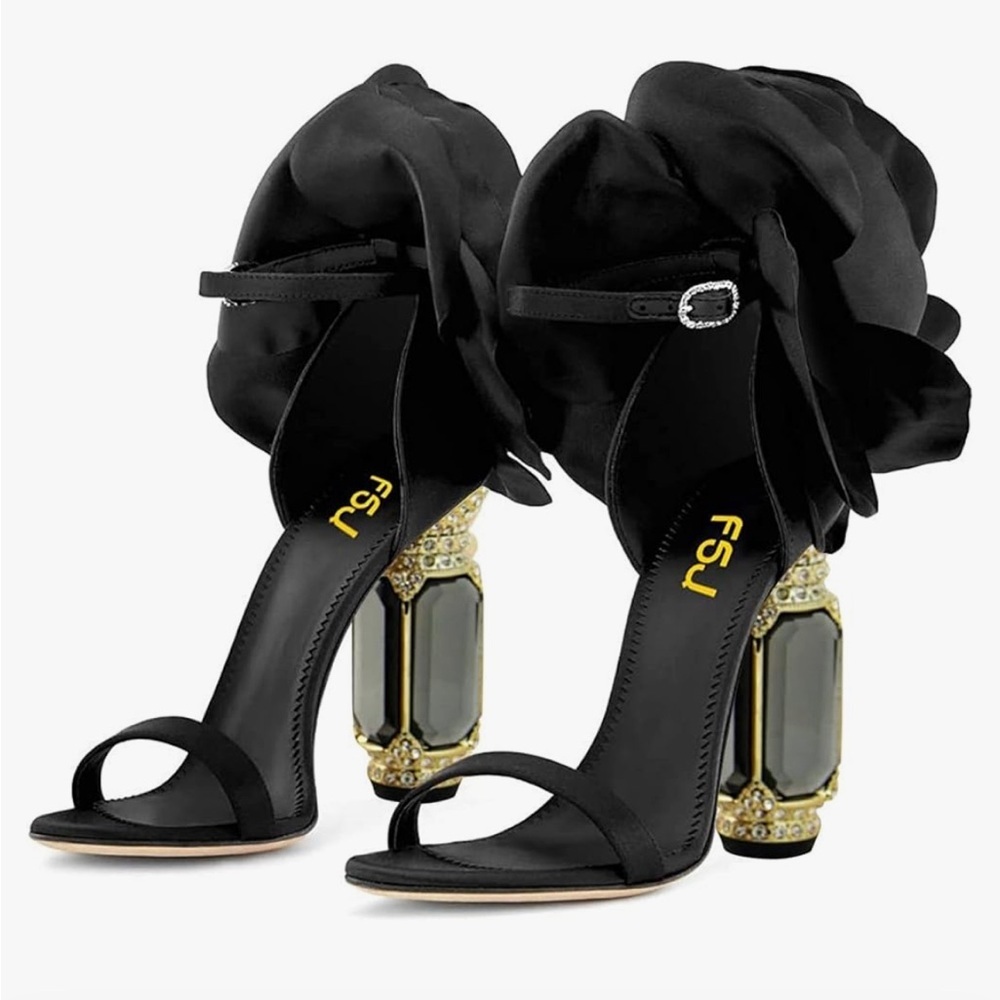 FSJ Black Flower Open Toe Sandal Ankle Strap Chunky High Crystal Prom Shoes